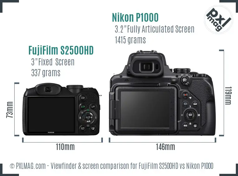 FujiFilm S2500HD vs Nikon P1000 Screen and Viewfinder comparison