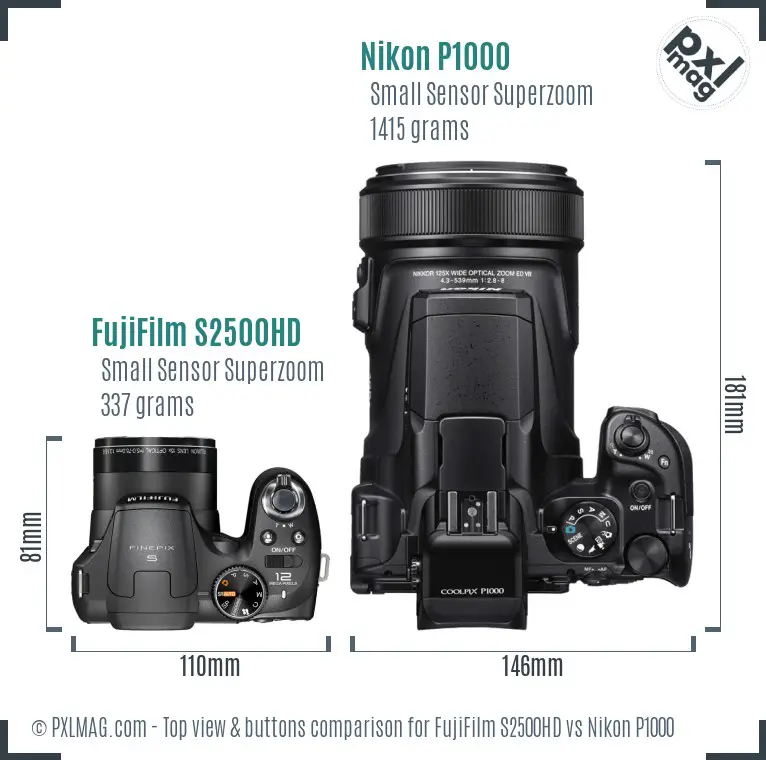 FujiFilm S2500HD vs Nikon P1000 top view buttons comparison