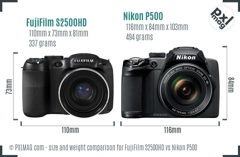 FujiFilm S2500HD vs Nikon P500 size comparison FujiFilm S2500HD vs Nikon P500 size comparison