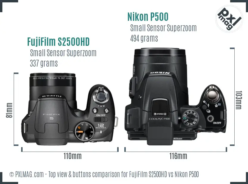 FujiFilm S2500HD vs Nikon P500 top view buttons comparison FujiFilm S2500HD vs Nikon P500 top view buttons comparison