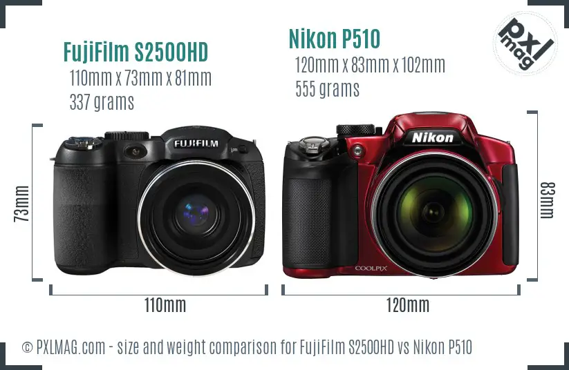 FujiFilm S2500HD vs Nikon P510 size comparison