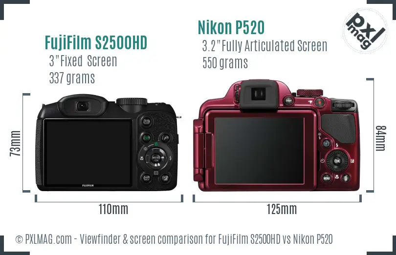 FujiFilm S2500HD vs Nikon P520 Screen and Viewfinder comparison