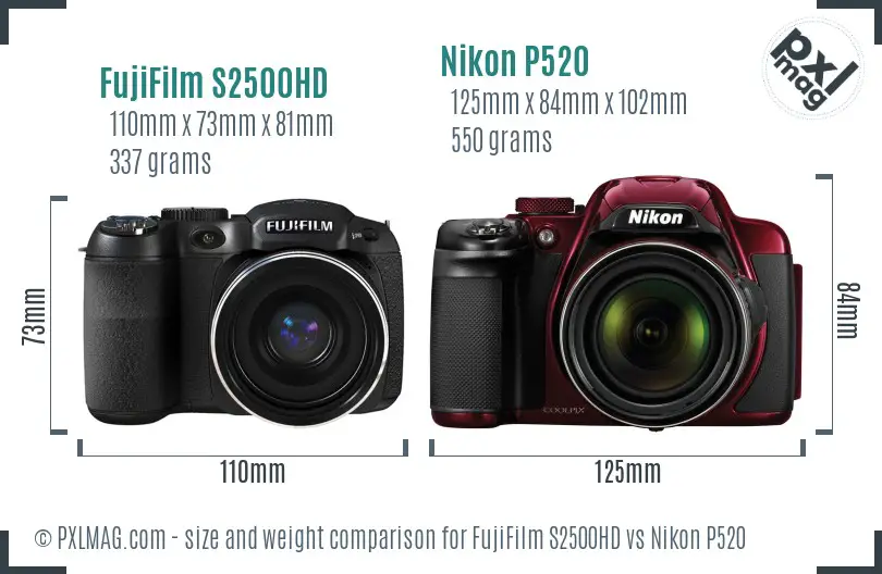 FujiFilm S2500HD vs Nikon P520 size comparison
