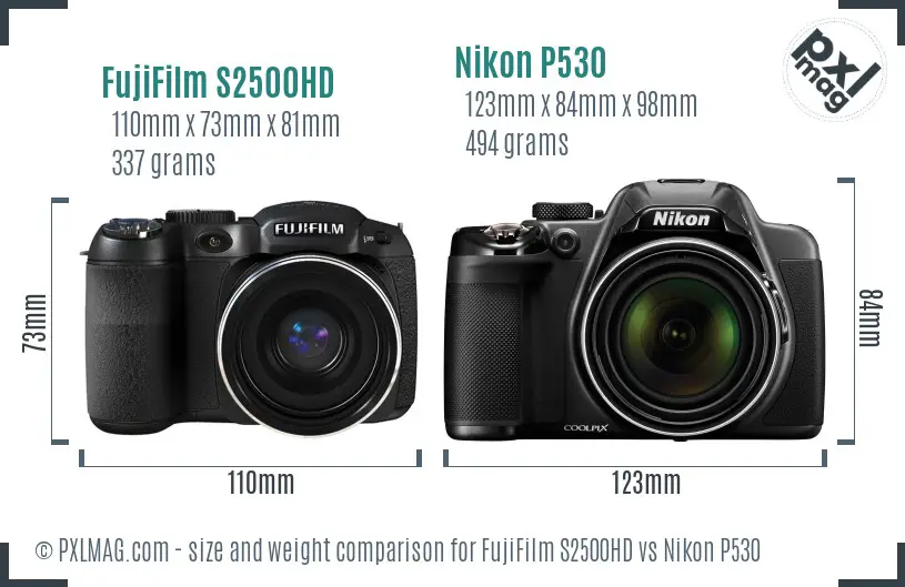 FujiFilm S2500HD vs Nikon P530 size comparison