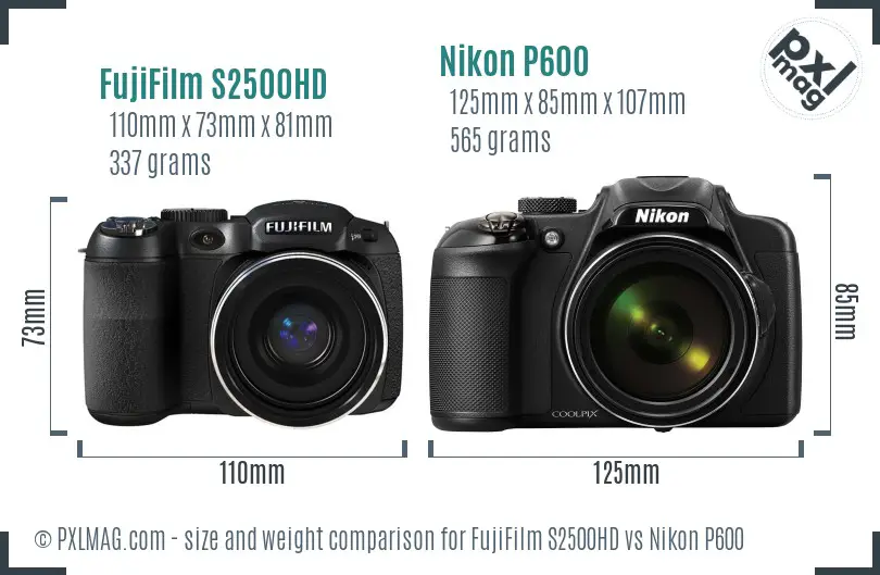 FujiFilm S2500HD vs Nikon P600 size comparison