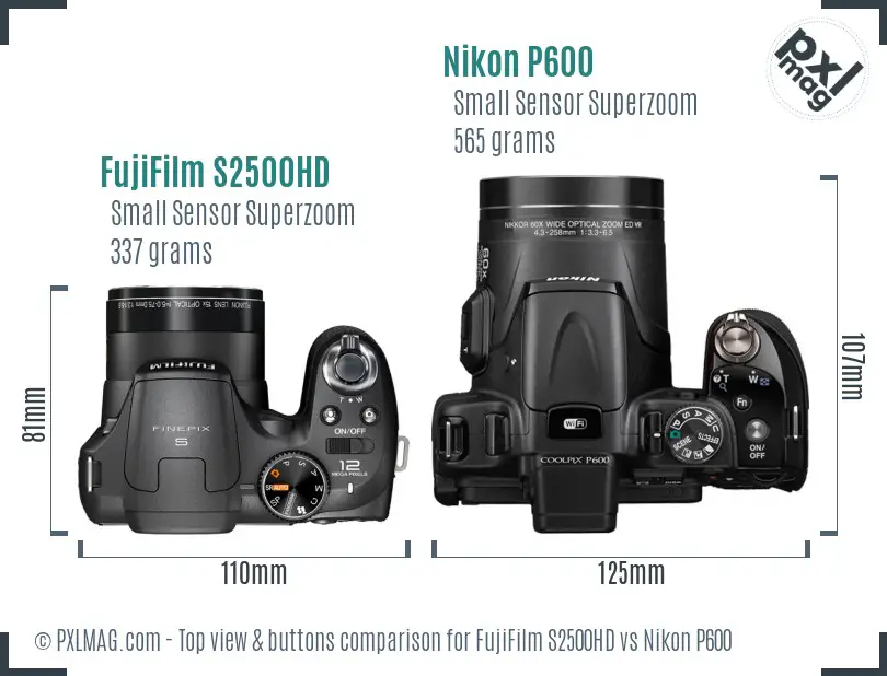 FujiFilm S2500HD vs Nikon P600 top view buttons comparison