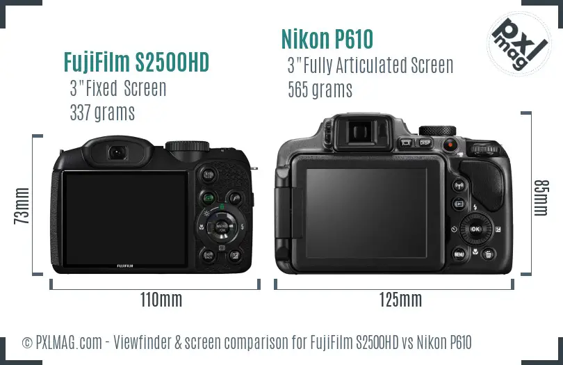 FujiFilm S2500HD vs Nikon P610 Screen and Viewfinder comparison