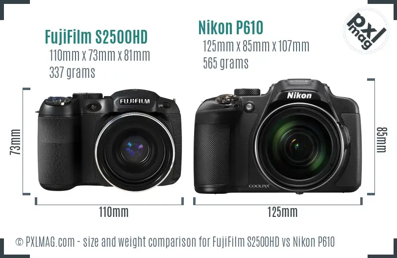 FujiFilm S2500HD vs Nikon P610 size comparison