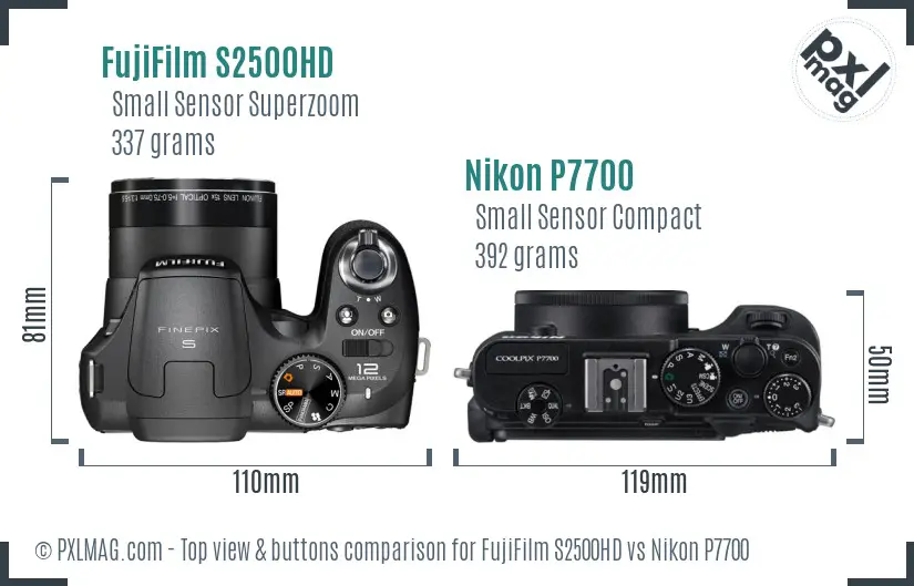 FujiFilm S2500HD vs Nikon P7700 top view buttons comparison