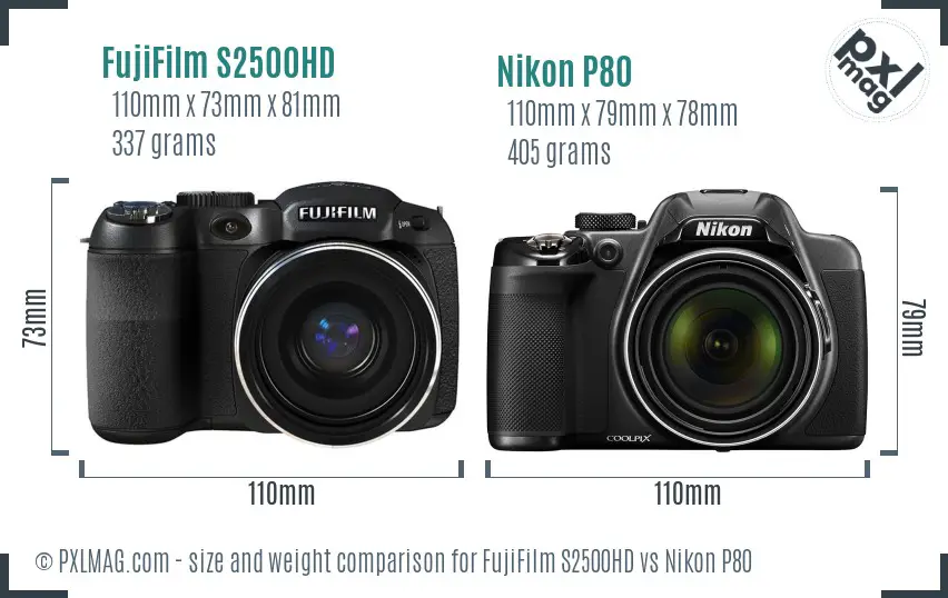 FujiFilm S2500HD vs Nikon P80 size comparison