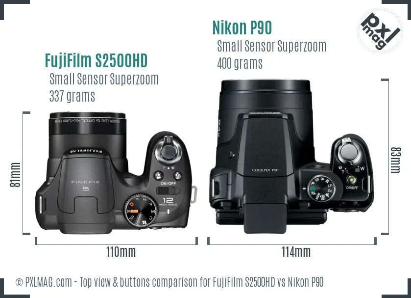 FujiFilm S2500HD vs Nikon P90 top view buttons comparison