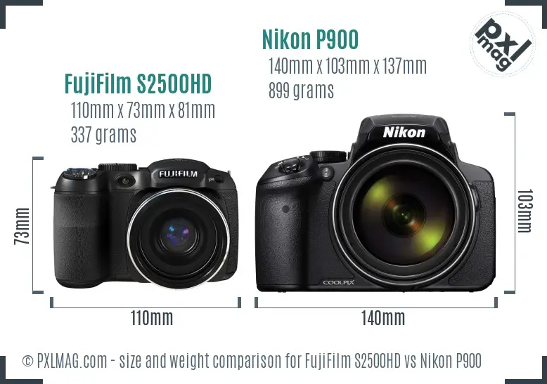 FujiFilm S2500HD vs Nikon P900 size comparison