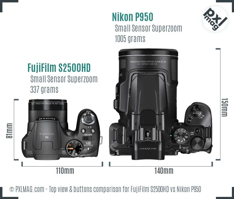 FujiFilm S2500HD vs Nikon P950 top view buttons comparison