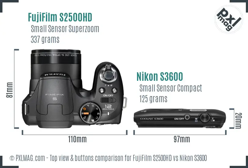 FujiFilm S2500HD vs Nikon S3600 top view buttons comparison