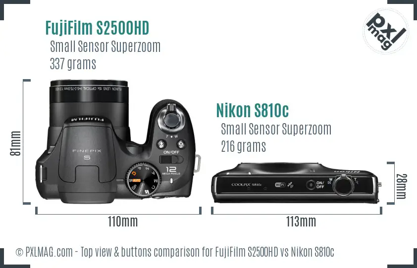 FujiFilm S2500HD vs Nikon S810c top view buttons comparison FujiFilm S2500HD vs Nikon S810c top view buttons comparison