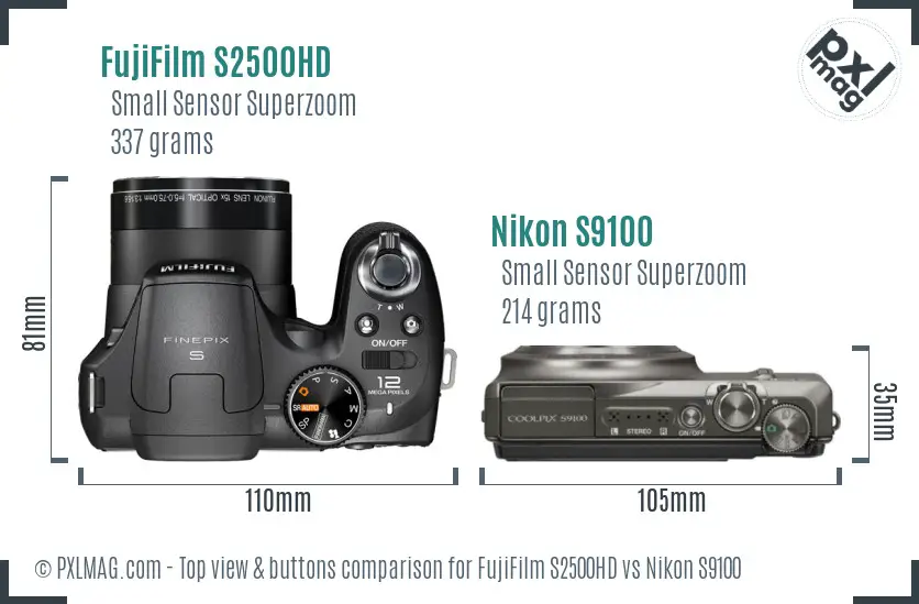 FujiFilm S2500HD vs Nikon S9100 top view buttons comparison FujiFilm S2500HD vs Nikon S9100 top view buttons comparison