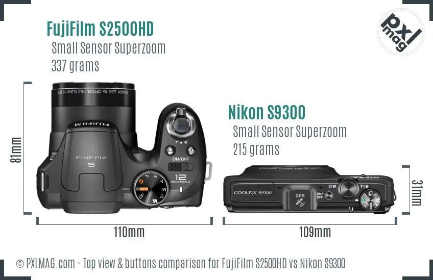 FujiFilm S2500HD vs Nikon S9300 top view buttons comparison FujiFilm S2500HD vs Nikon S9300 top view buttons comparison