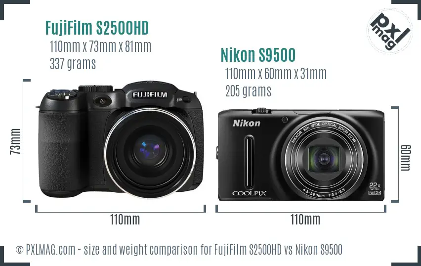 FujiFilm S2500HD vs Nikon S9500 size comparison