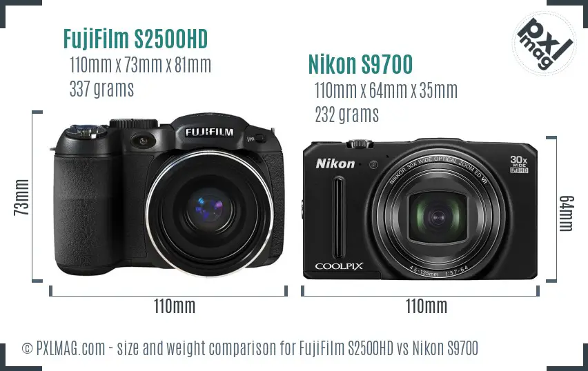 FujiFilm S2500HD vs Nikon S9700 size comparison
