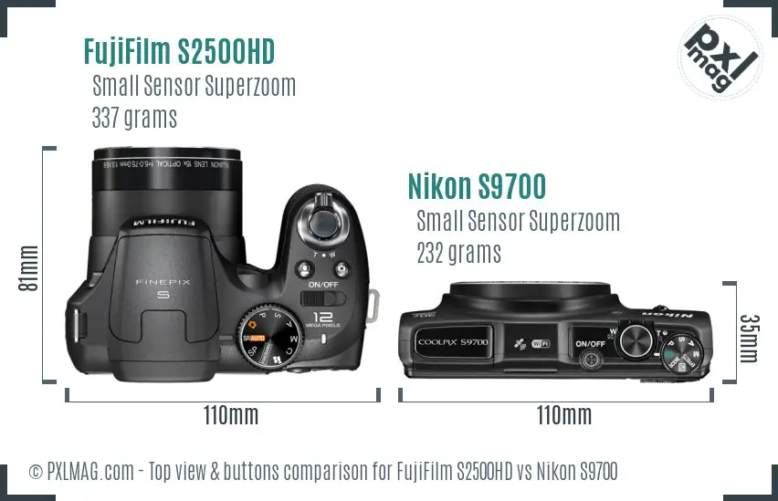 FujiFilm S2500HD vs Nikon S9700 top view buttons comparison