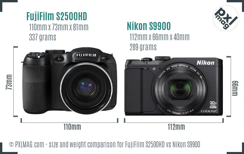 FujiFilm S2500HD vs Nikon S9900 size comparison