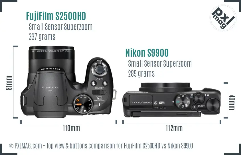 FujiFilm S2500HD vs Nikon S9900 top view buttons comparison