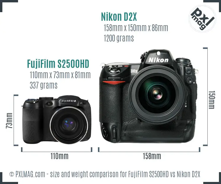 FujiFilm S2500HD vs Nikon D2X size comparison