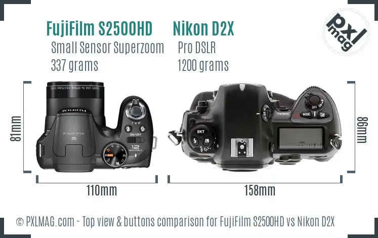 FujiFilm S2500HD vs Nikon D2X top view buttons comparison