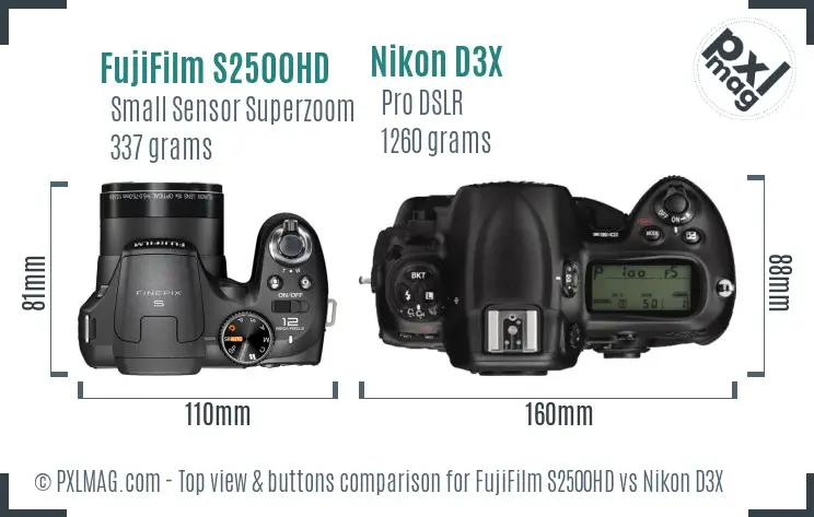 FujiFilm S2500HD vs Nikon D3X top view buttons comparison