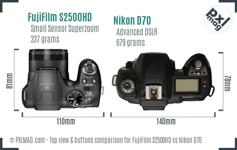 FujiFilm S2500HD vs Nikon D70 top view buttons comparison