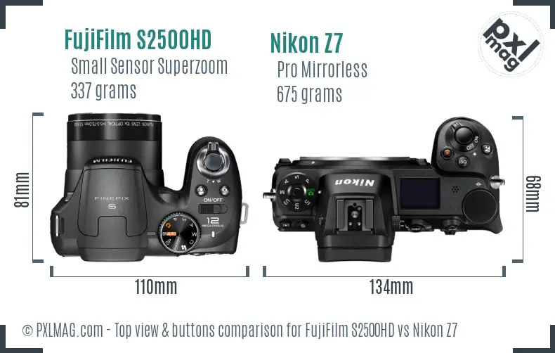 FujiFilm S2500HD vs Nikon Z7 top view buttons comparison