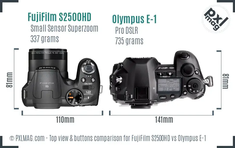 FujiFilm S2500HD vs Olympus E-1 top view buttons comparison