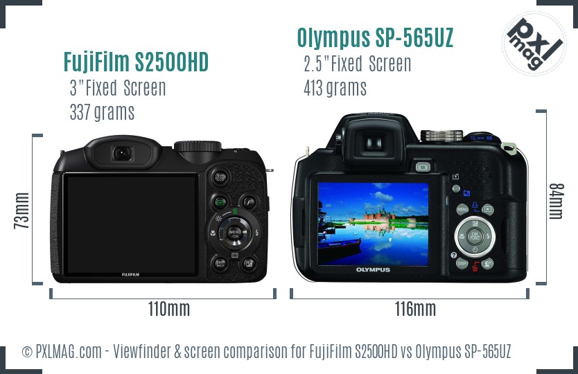 FujiFilm S2500HD vs Olympus SP-565UZ Screen and Viewfinder comparison