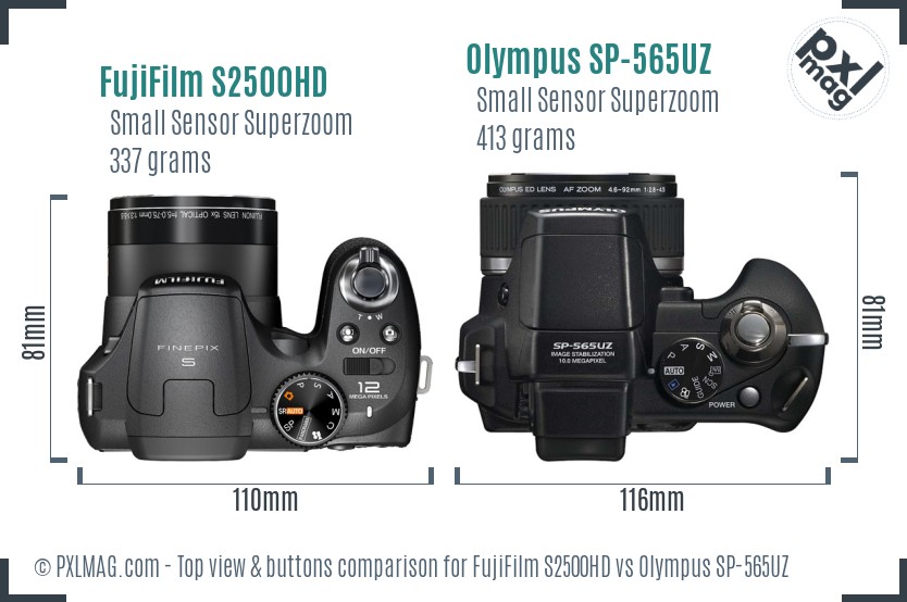 FujiFilm S2500HD vs Olympus SP-565UZ top view buttons comparison