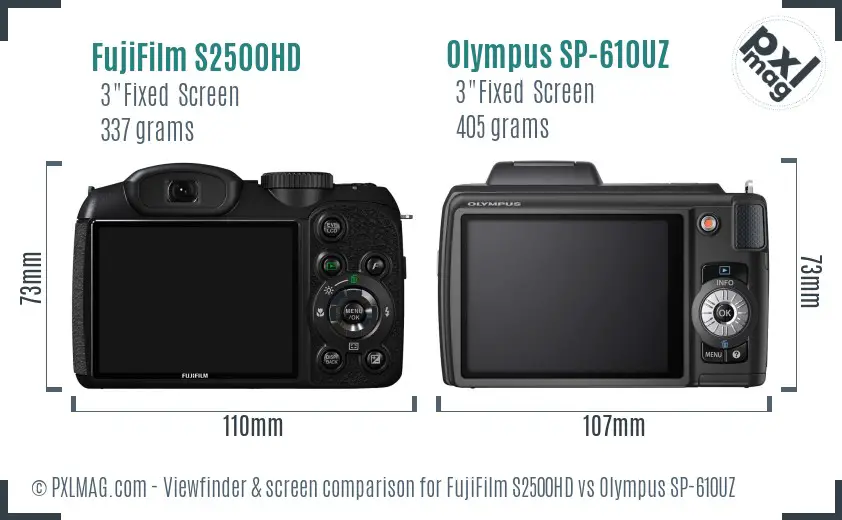 FujiFilm S2500HD vs Olympus SP-610UZ Screen and Viewfinder comparison