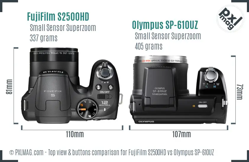 FujiFilm S2500HD vs Olympus SP-610UZ top view buttons comparison