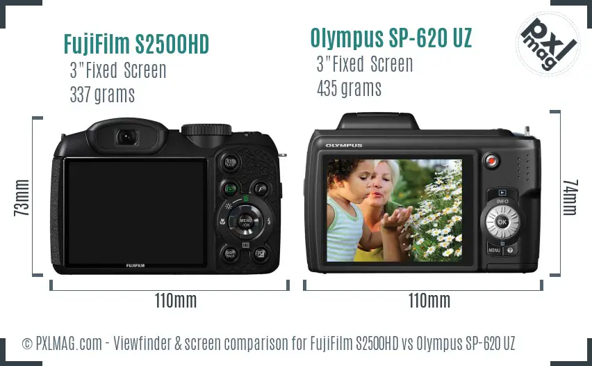 FujiFilm S2500HD vs Olympus SP-620 UZ Screen and Viewfinder comparison