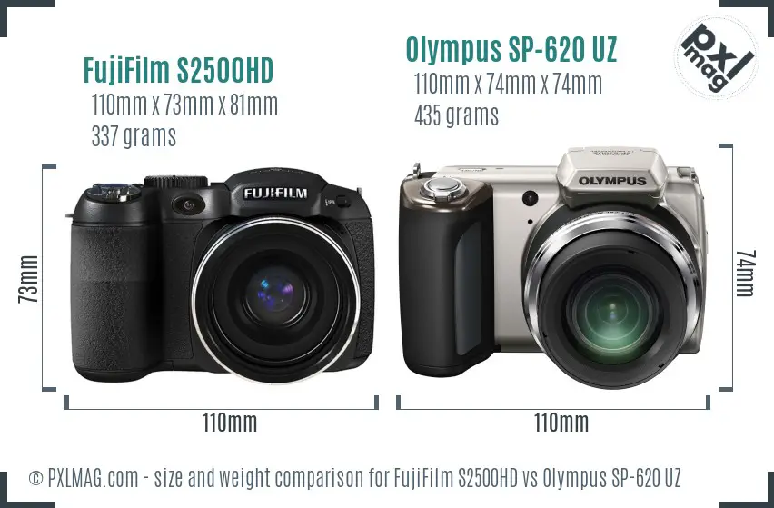 FujiFilm S2500HD vs Olympus SP-620 UZ size comparison