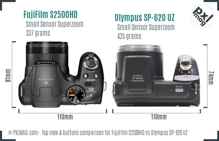 FujiFilm S2500HD vs Olympus SP-620 UZ top view buttons comparison