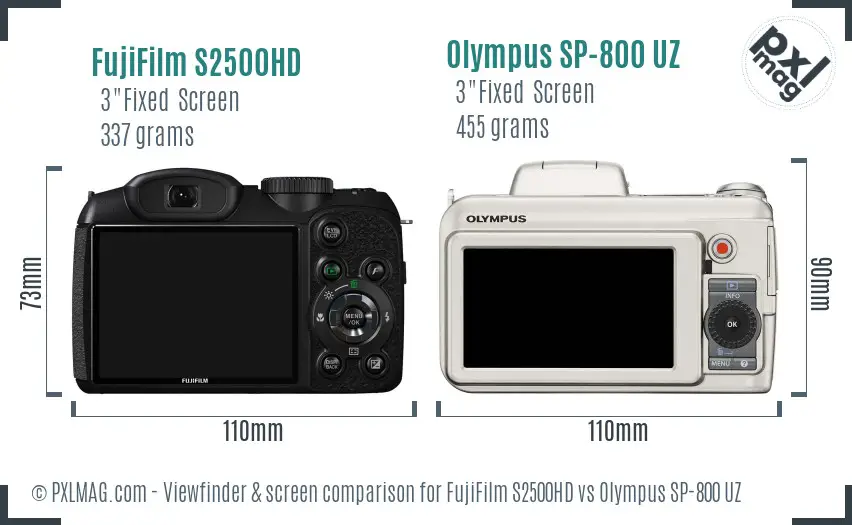 FujiFilm S2500HD vs Olympus SP-800 UZ Screen and Viewfinder comparison