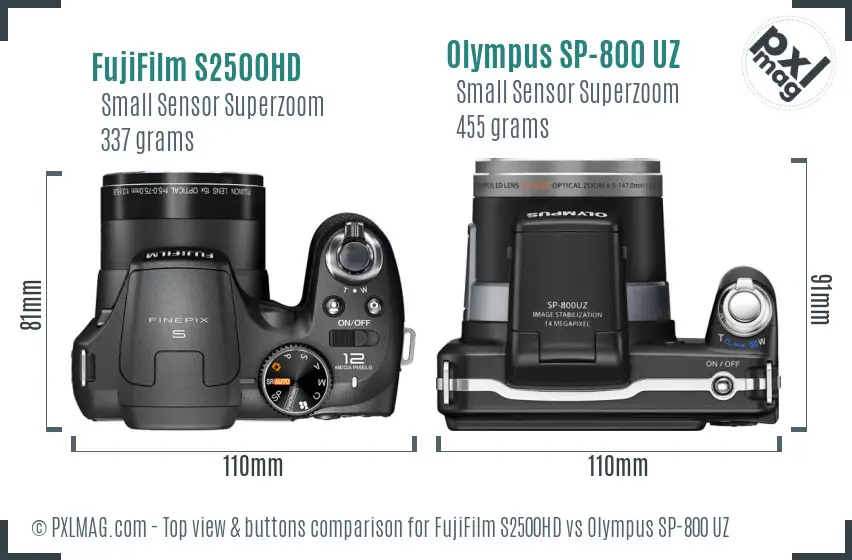 FujiFilm S2500HD vs Olympus SP-800 UZ top view buttons comparison