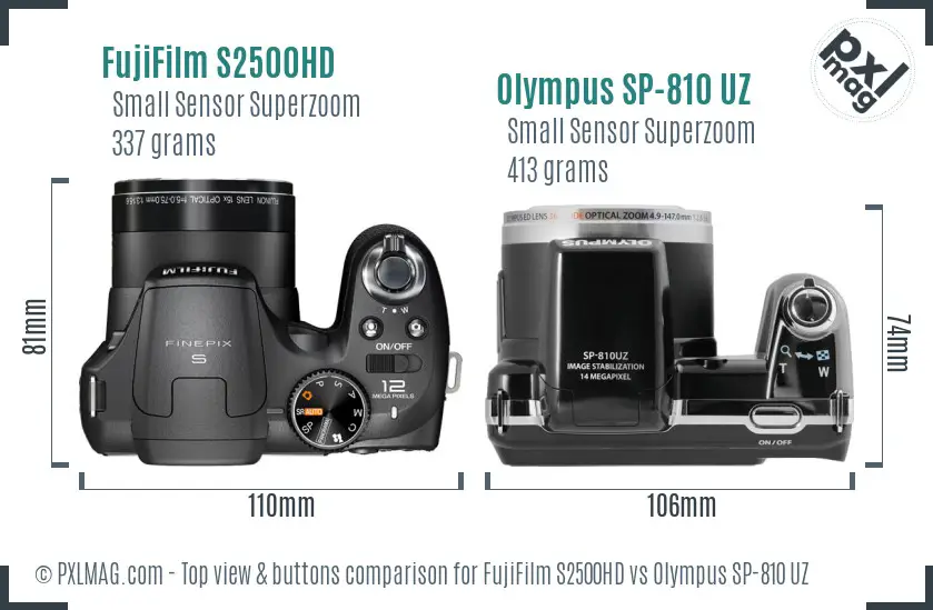 FujiFilm S2500HD vs Olympus SP-810 UZ top view buttons comparison