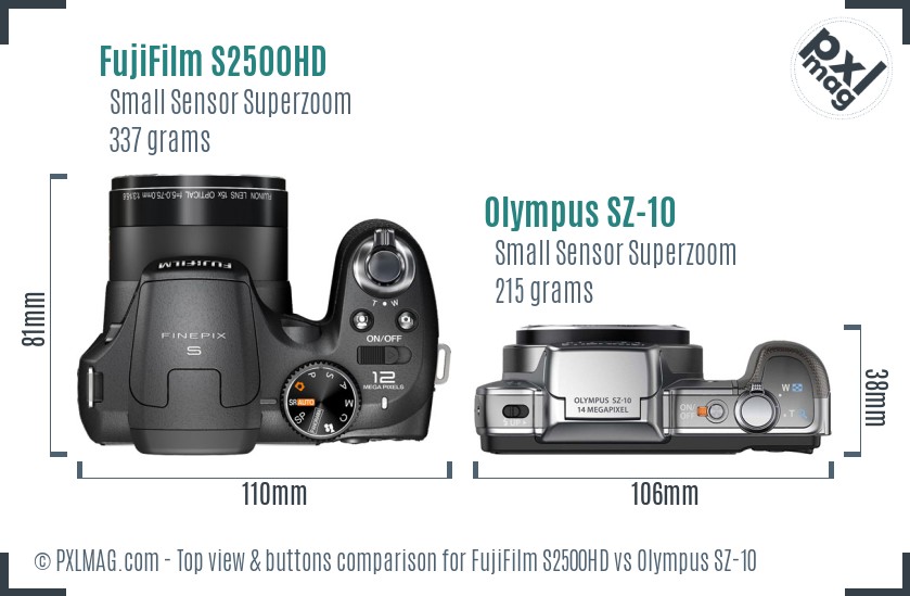 FujiFilm S2500HD vs Olympus SZ-10 top view buttons comparison