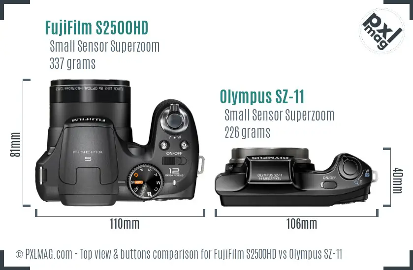 FujiFilm S2500HD vs Olympus SZ-11 top view buttons comparison FujiFilm S2500HD vs Olympus SZ-11 top view buttons comparison