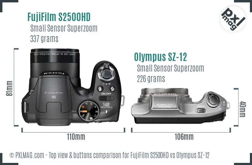 FujiFilm S2500HD vs Olympus SZ-12 top view buttons comparison