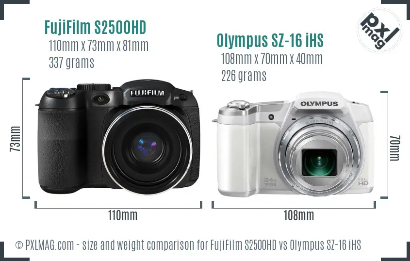 FujiFilm S2500HD vs Olympus SZ-16 iHS size comparison FujiFilm S2500HD vs Olympus SZ-16 iHS size comparison