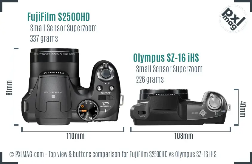 FujiFilm S2500HD vs Olympus SZ-16 iHS top view buttons comparison FujiFilm S2500HD vs Olympus SZ-16 iHS top view buttons comparison