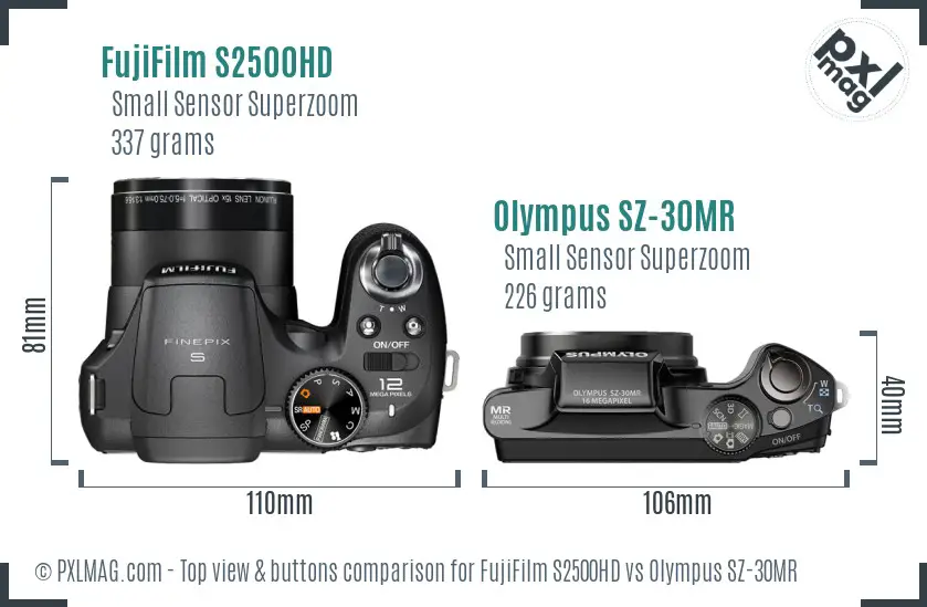 FujiFilm S2500HD vs Olympus SZ-30MR top view buttons comparison