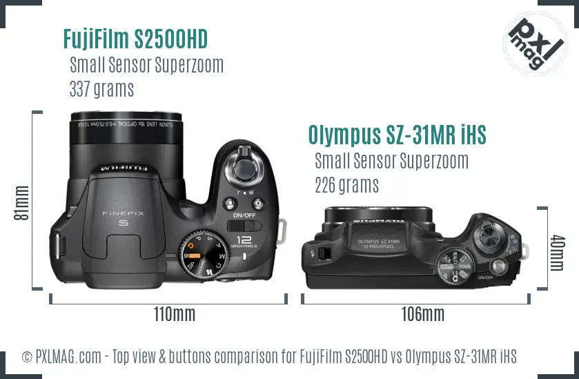 FujiFilm S2500HD vs Olympus SZ-31MR iHS top view buttons comparison FujiFilm S2500HD vs Olympus SZ-31MR iHS top view buttons comparison