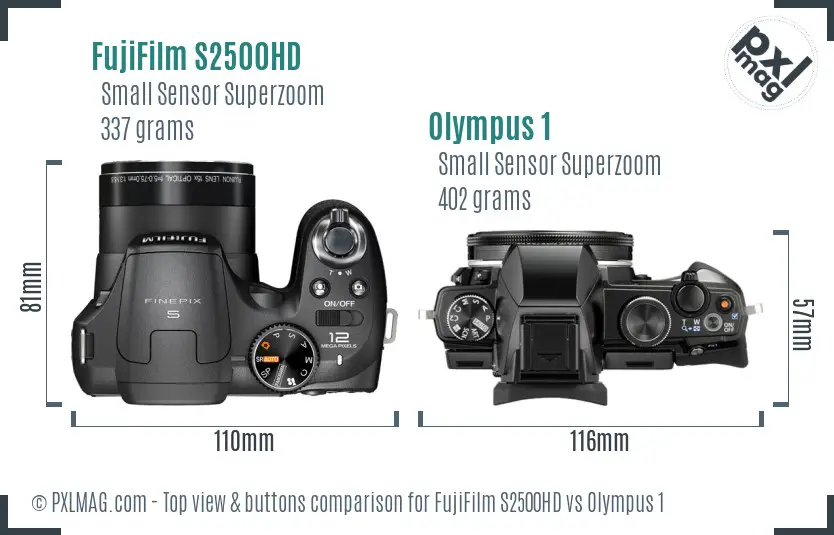 FujiFilm S2500HD vs Olympus 1 top view buttons comparison